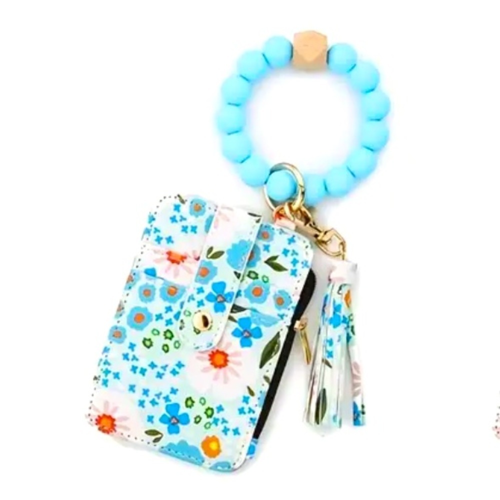 Blue Floral Wristlet with Keychain